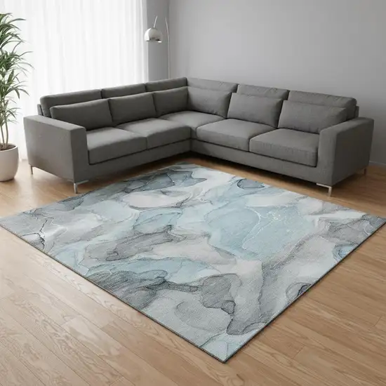 Teal And Gray Abstract Washable Area Rug With UV Protection Photo 2