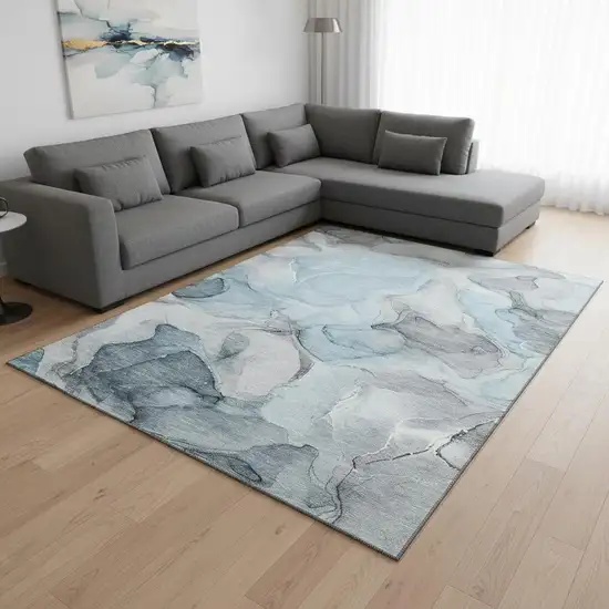 Teal And Gray Abstract Washable Area Rug With UV Protection Photo 3
