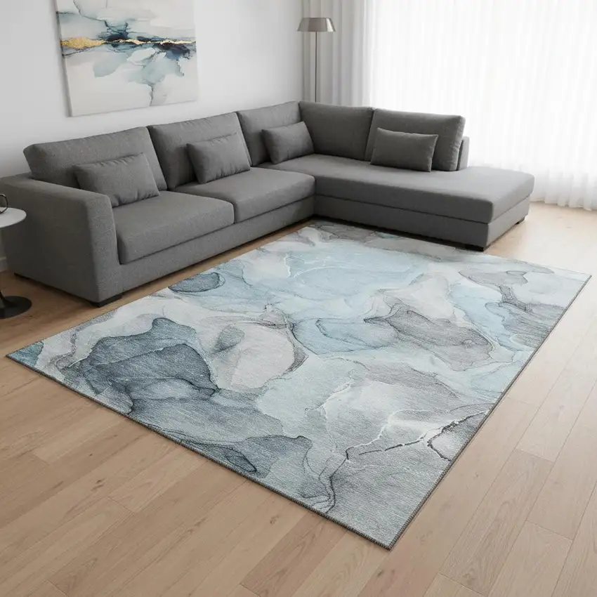 Teal And Gray Abstract Washable Area Rug With UV Protection Photo 3
