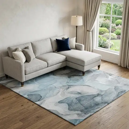 Teal And Gray Abstract Washable Area Rug With UV Protection Photo 1