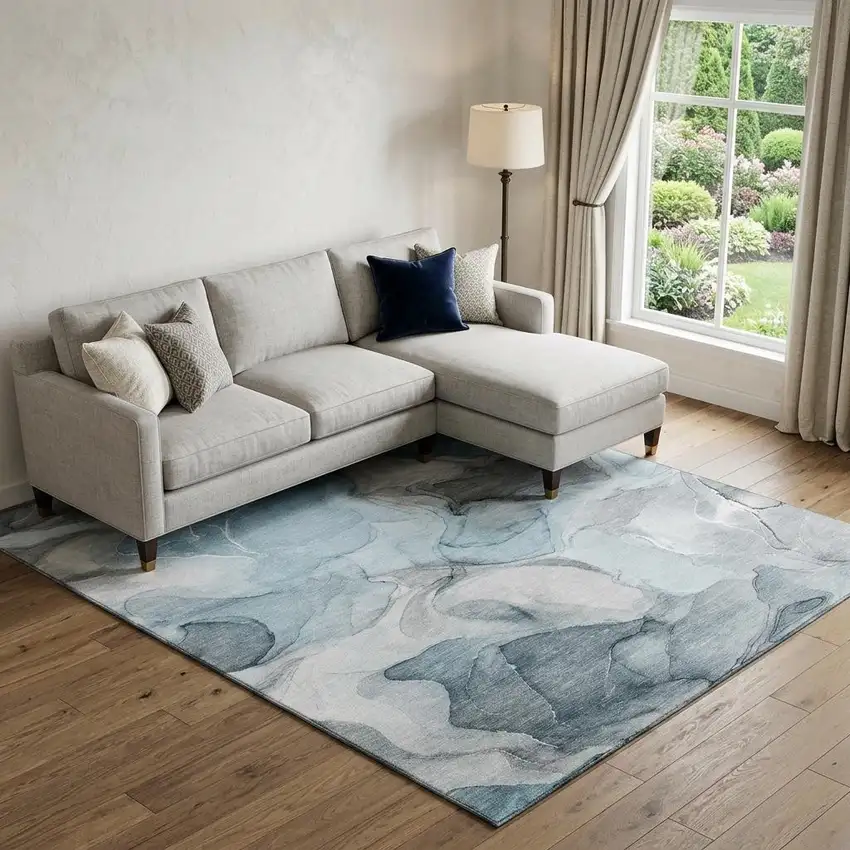 Teal And Gray Abstract Washable Area Rug With UV Protection Photo 1