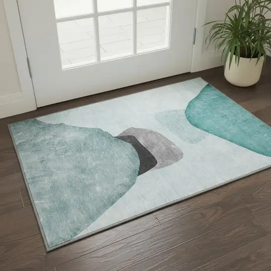 Teal And Gray Abstract Washable Area Rug With UV Protection Photo 2
