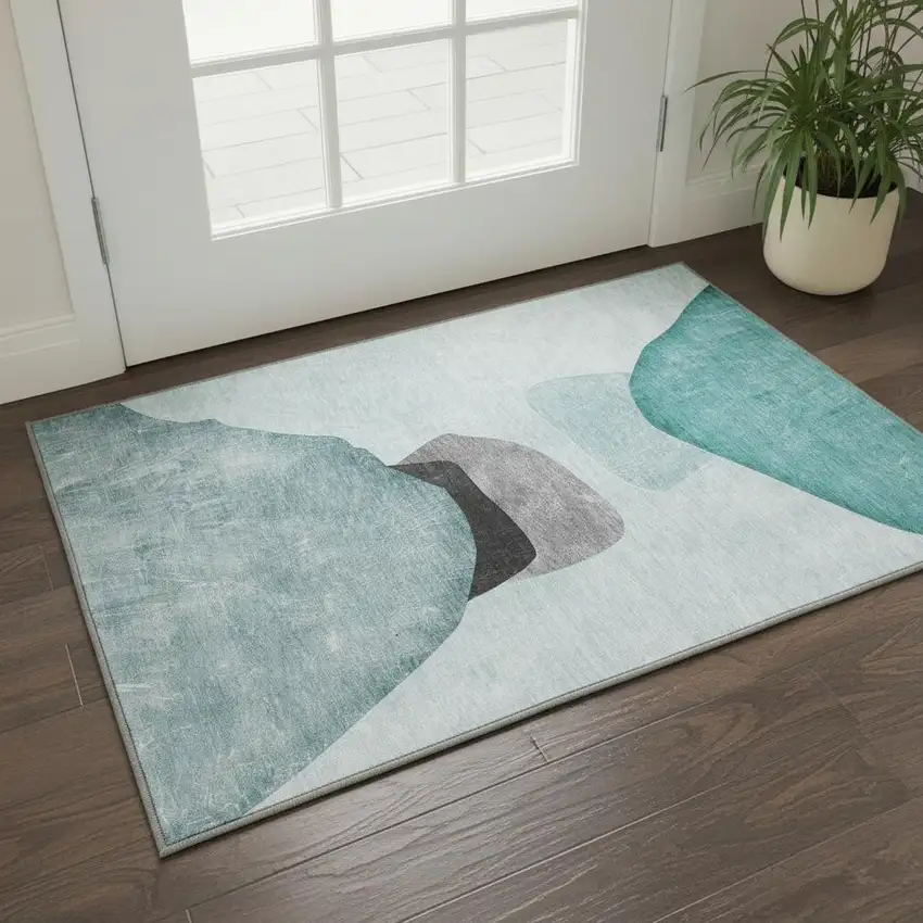 Teal And Gray Abstract Washable Area Rug With UV Protection Photo 2