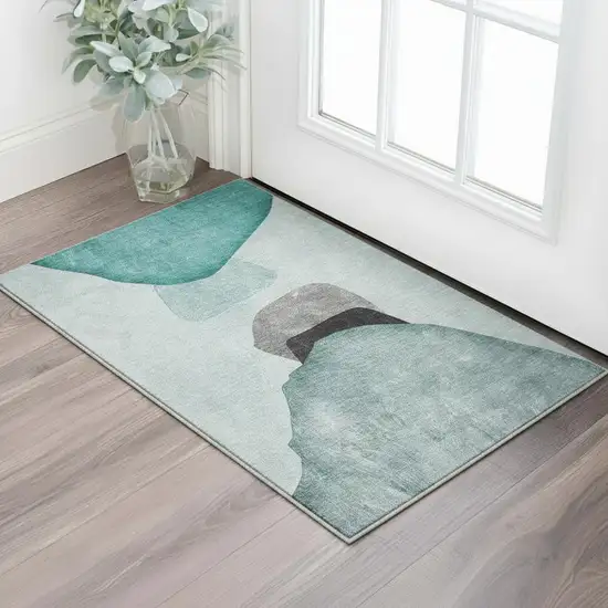 Teal And Gray Abstract Washable Area Rug With UV Protection Photo 3