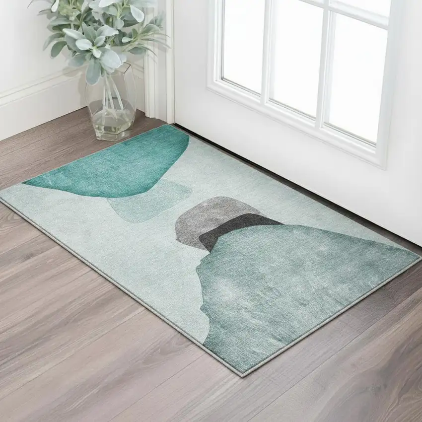 Teal And Gray Abstract Washable Area Rug With UV Protection Photo 3