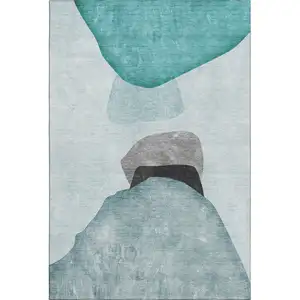 Photo of Teal And Gray Abstract Washable Area Rug With UV Protection