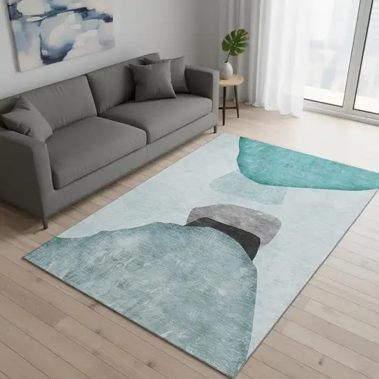 Teal And Gray Abstract Washable Area Rug With UV Protection Photo 2