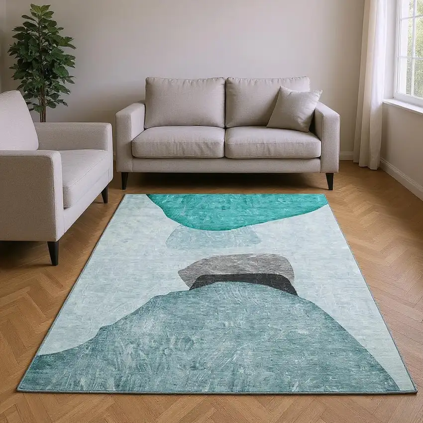 Teal And Gray Abstract Washable Area Rug With UV Protection Photo 2