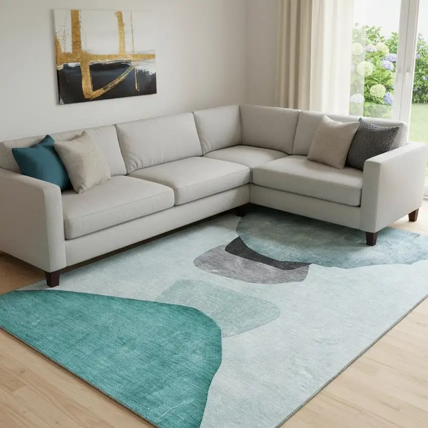 Teal And Gray Abstract Washable Area Rug With UV Protection Photo 1