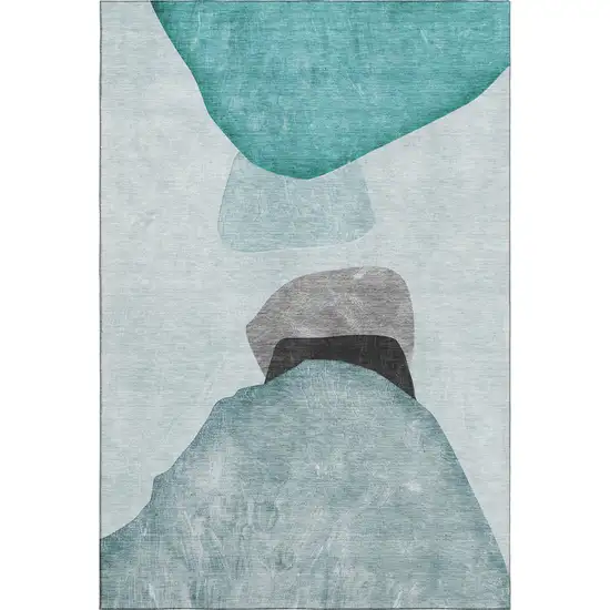 Teal And Gray Abstract Washable Area Rug With UV Protection Photo 1