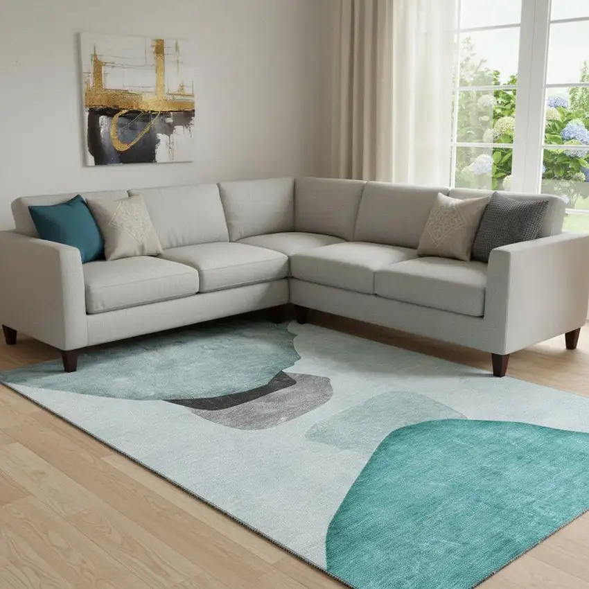 Teal And Gray Abstract Washable Area Rug With UV Protection Photo 1