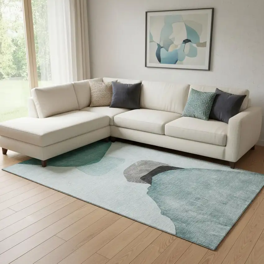 Teal And Gray Abstract Washable Area Rug With UV Protection Photo 1