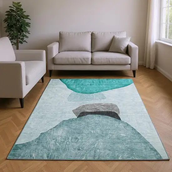 Teal And Gray Abstract Washable Area Rug With UV Protection Photo 2