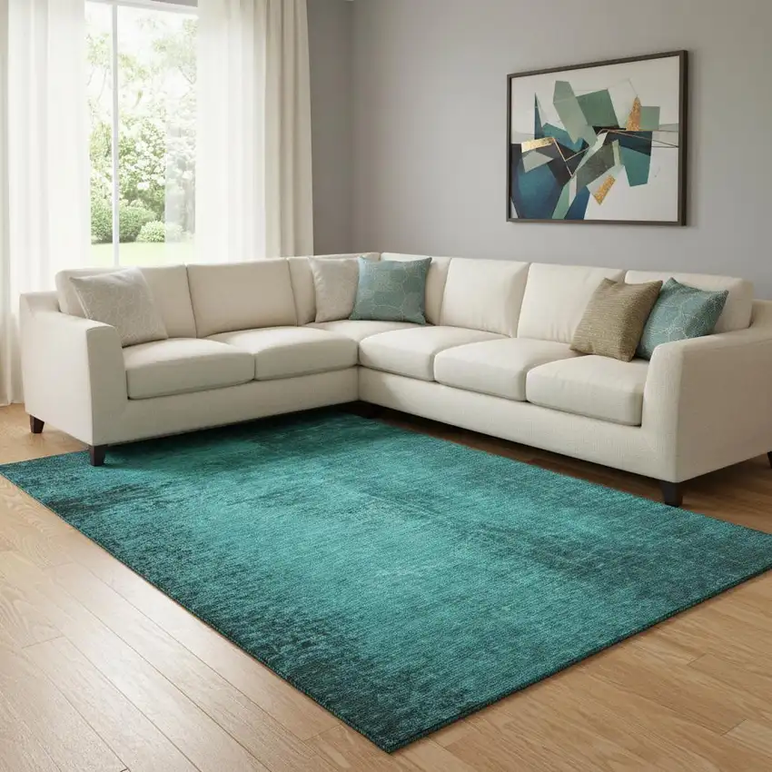 Teal And Gray Abstract Washable Area Rug With UV Protection Photo 1