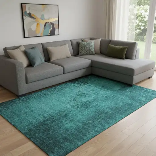 Teal And Gray Abstract Washable Area Rug With UV Protection Photo 1
