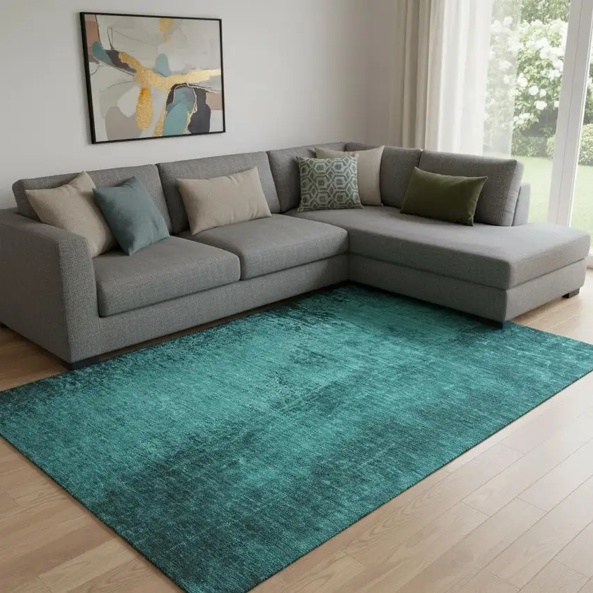 Teal And Gray Abstract Washable Area Rug With UV Protection Photo 1