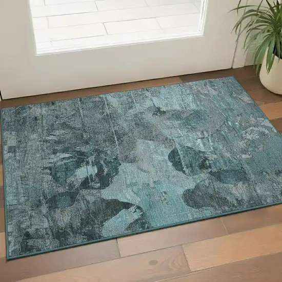 Teal And Gray Abstract Washable Area Rug With UV Protection Photo 1