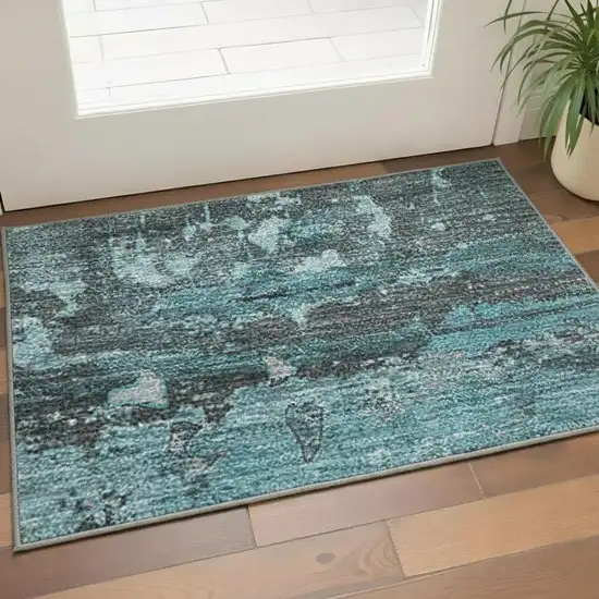 Teal And Gray Abstract Washable Area Rug With UV Protection Photo 2