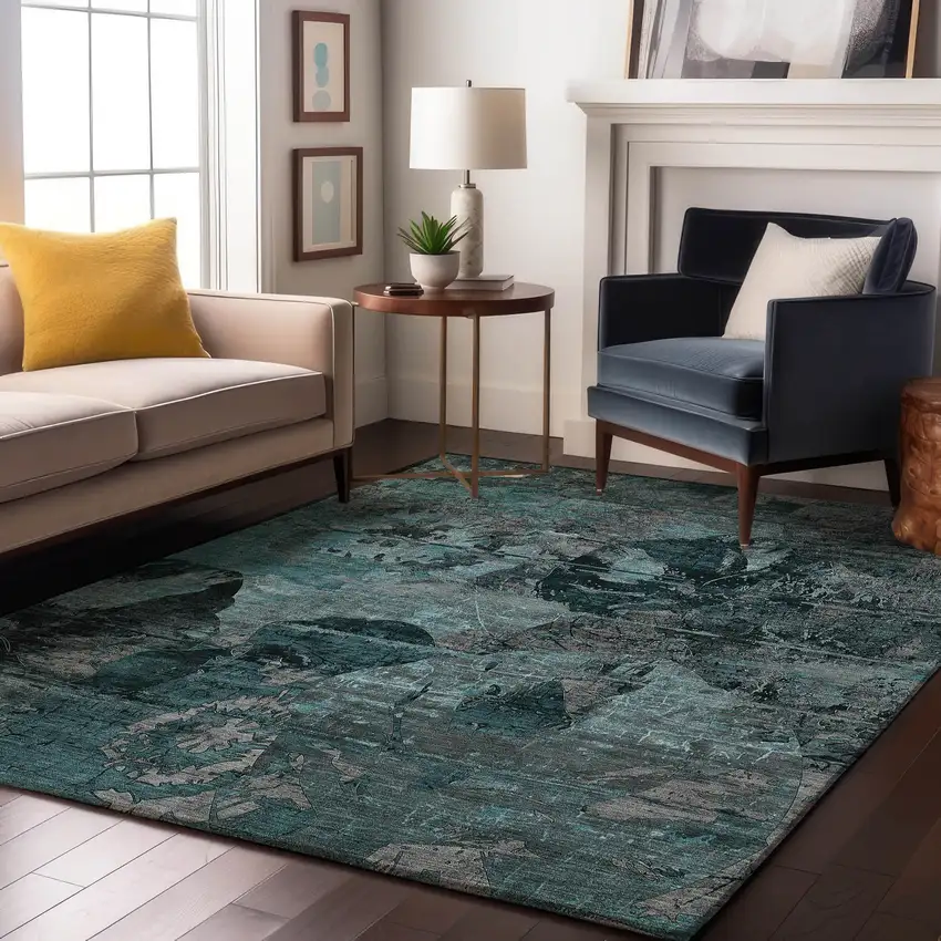 Teal And Gray Abstract Washable Area Rug With UV Protection Photo 3
