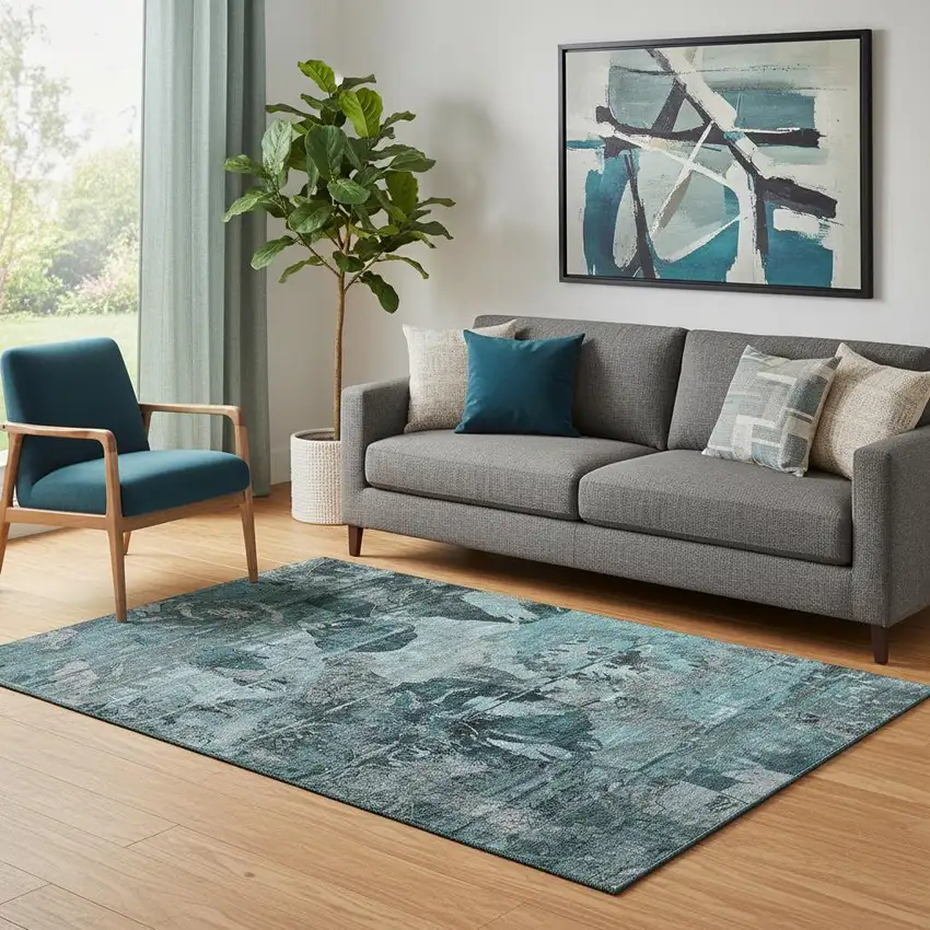 Teal And Gray Abstract Washable Area Rug With UV Protection Photo 1