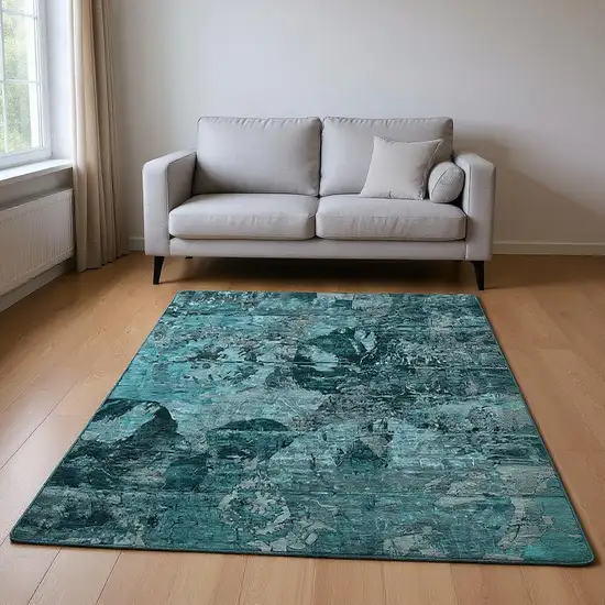 Teal And Gray Abstract Washable Area Rug With UV Protection Photo 2