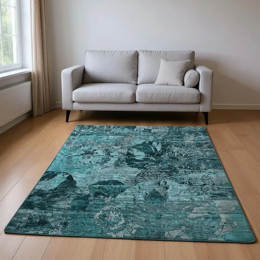 Teal And Gray Abstract Washable Area Rug With UV Protection Photo 2