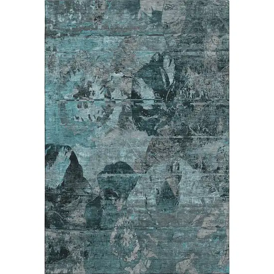 Teal And Gray Abstract Washable Area Rug With UV Protection Photo 1