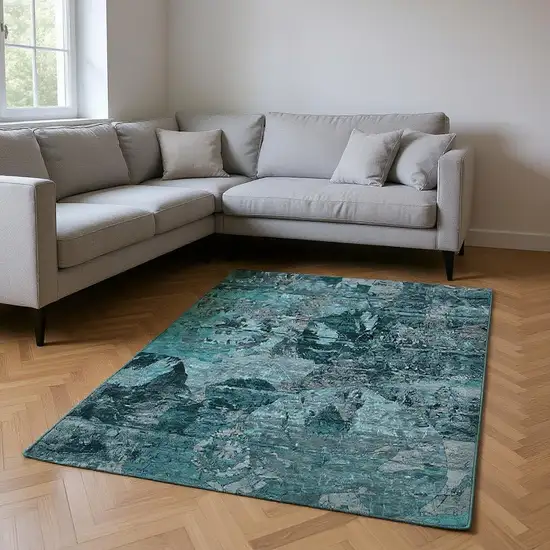 Teal And Gray Abstract Washable Area Rug With UV Protection Photo 2