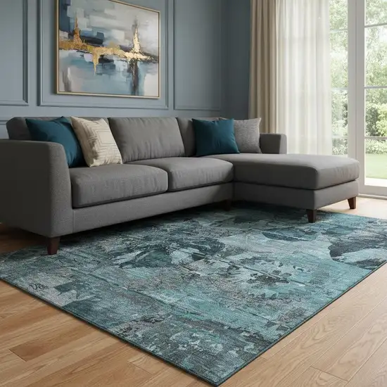 Teal And Gray Abstract Washable Area Rug With UV Protection Photo 1