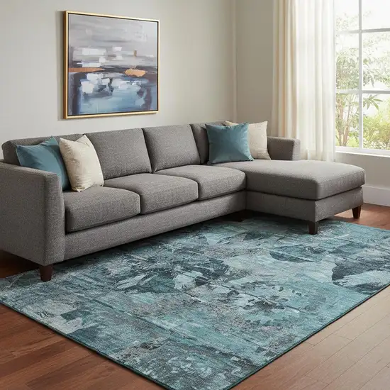 Teal And Gray Abstract Washable Area Rug With UV Protection Photo 1