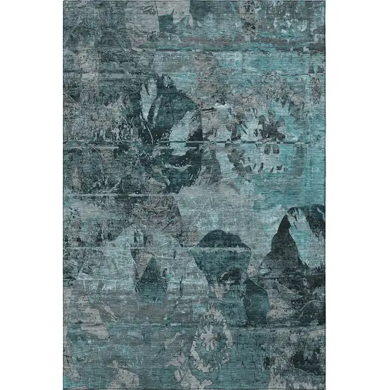 Teal And Gray Abstract Washable Area Rug With UV Protection Photo 4