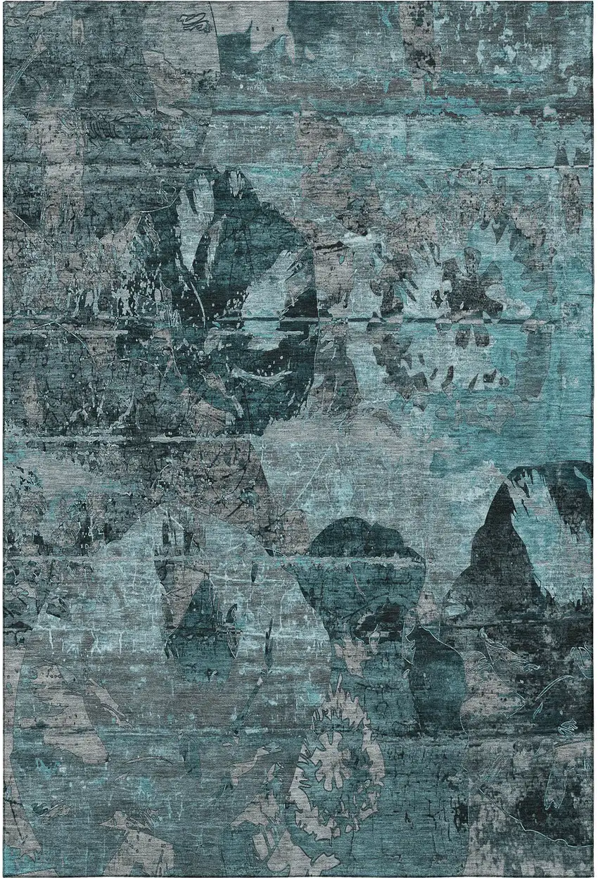 Teal And Gray Abstract Washable Area Rug With UV Protection Photo 4