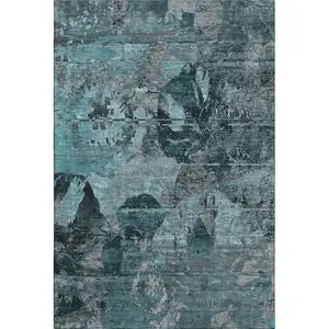 Photo of Teal And Gray Abstract Washable Area Rug With UV Protection