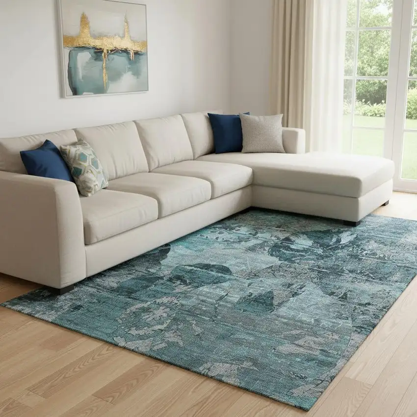 Teal And Gray Abstract Washable Area Rug With UV Protection Photo 1