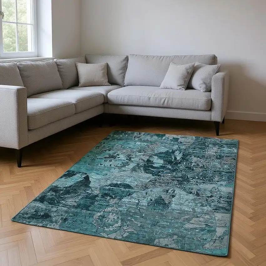 Teal And Gray Abstract Washable Area Rug With UV Protection Photo 2