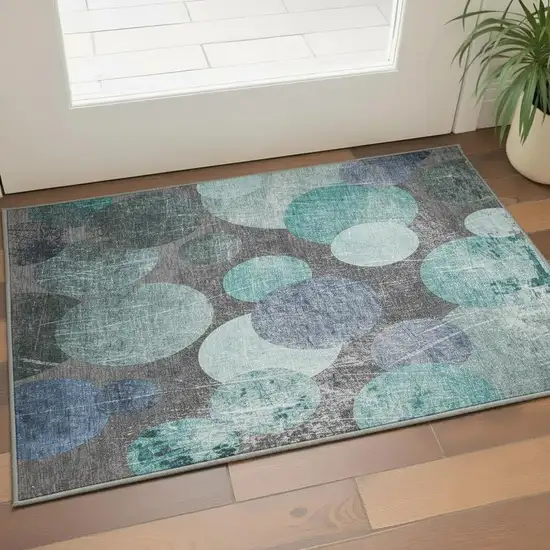 Teal And Gray Abstract Washable Area Rug With UV Protection Photo 2