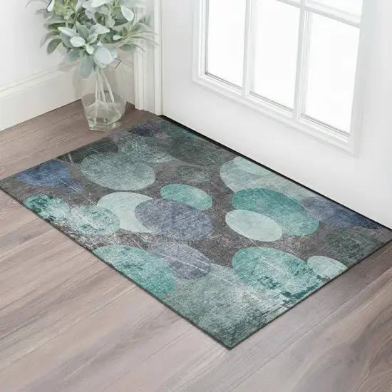 Teal And Gray Abstract Washable Area Rug With UV Protection Photo 1