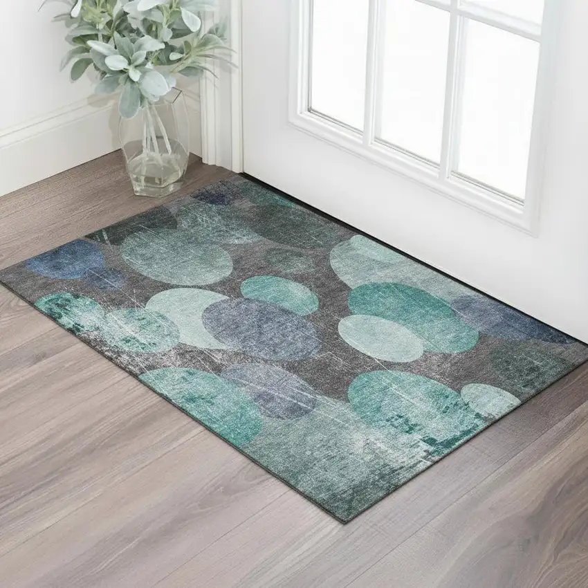 Teal And Gray Abstract Washable Area Rug With UV Protection Photo 1