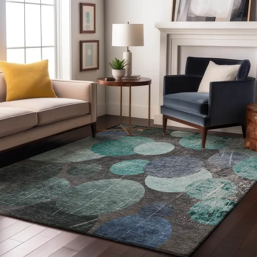 Teal And Gray Abstract Washable Area Rug With UV Protection Photo 5