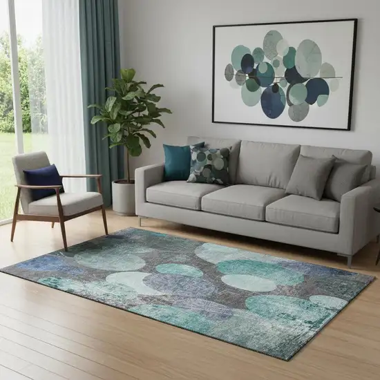 Teal And Gray Abstract Washable Area Rug With UV Protection Photo 1