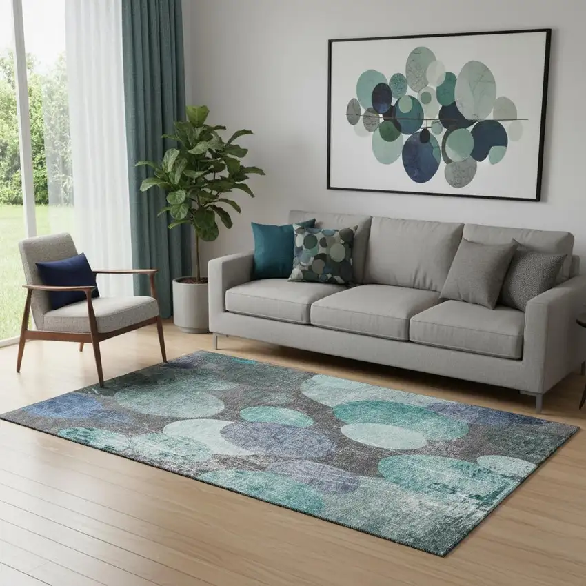 Teal And Gray Abstract Washable Area Rug With UV Protection Photo 1