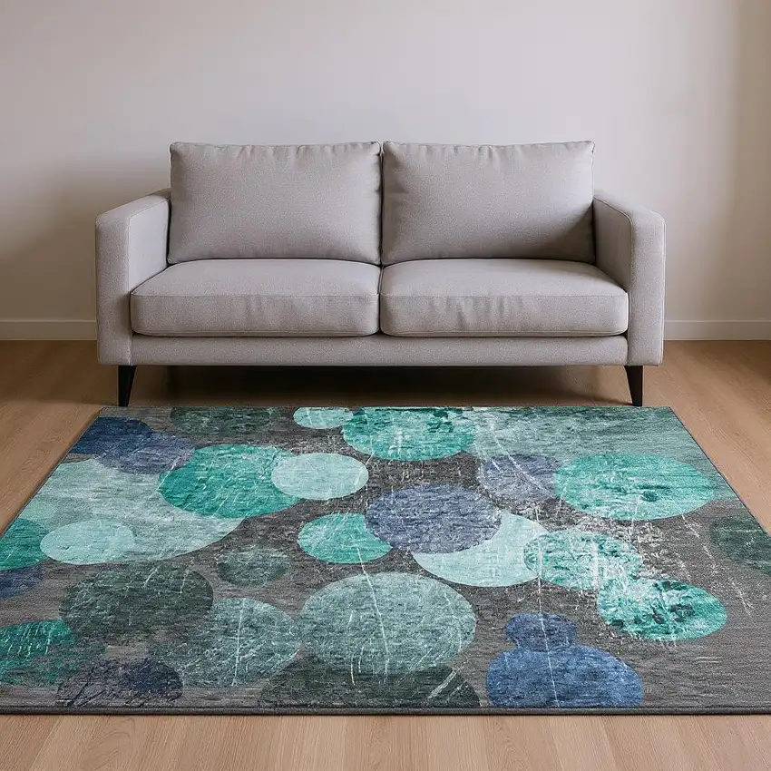 Teal And Gray Abstract Washable Area Rug With UV Protection Photo 2
