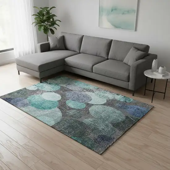 Teal And Gray Abstract Washable Area Rug With UV Protection Photo 2