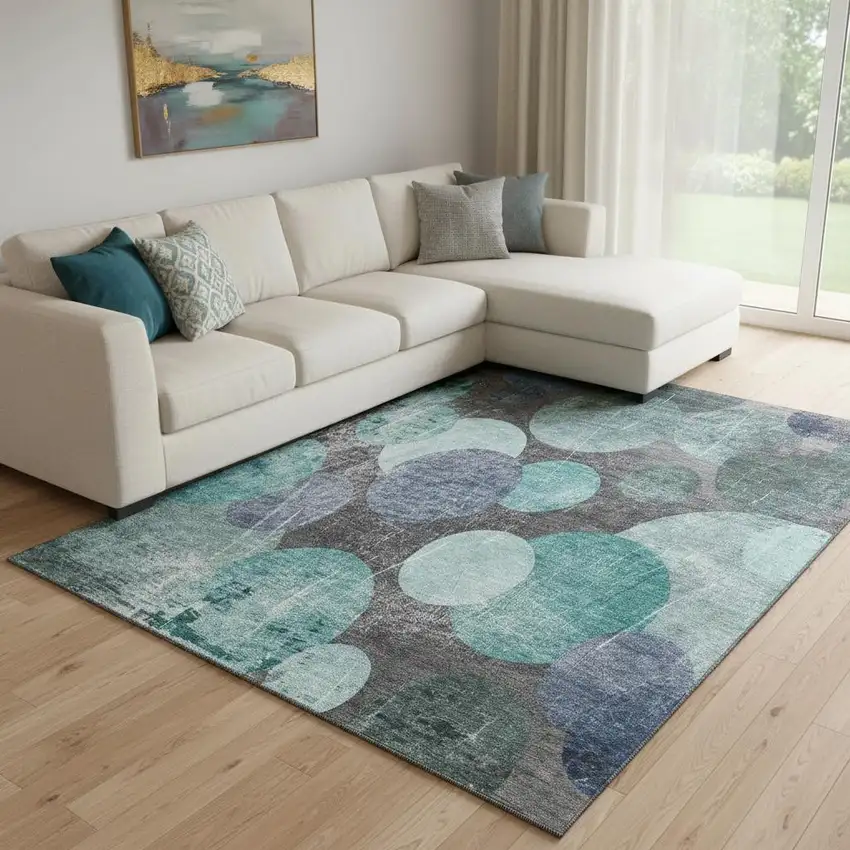 Teal And Gray Abstract Washable Area Rug With UV Protection Photo 1