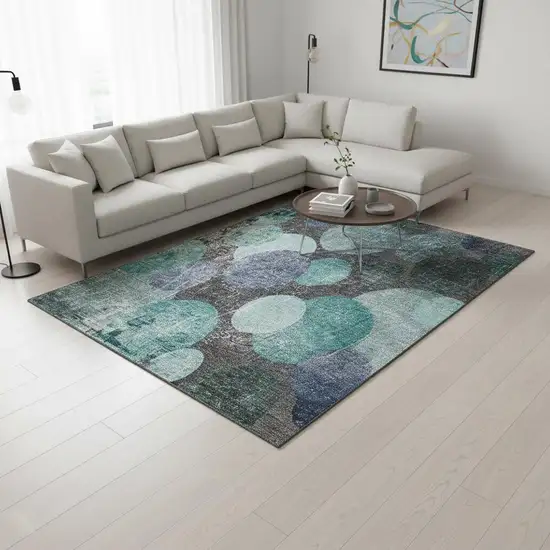 Teal And Gray Abstract Washable Area Rug With UV Protection Photo 2