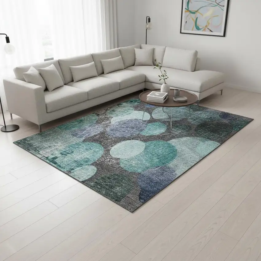 Teal And Gray Abstract Washable Area Rug With UV Protection Photo 2