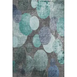 Photo of Teal And Gray Abstract Washable Area Rug With UV Protection