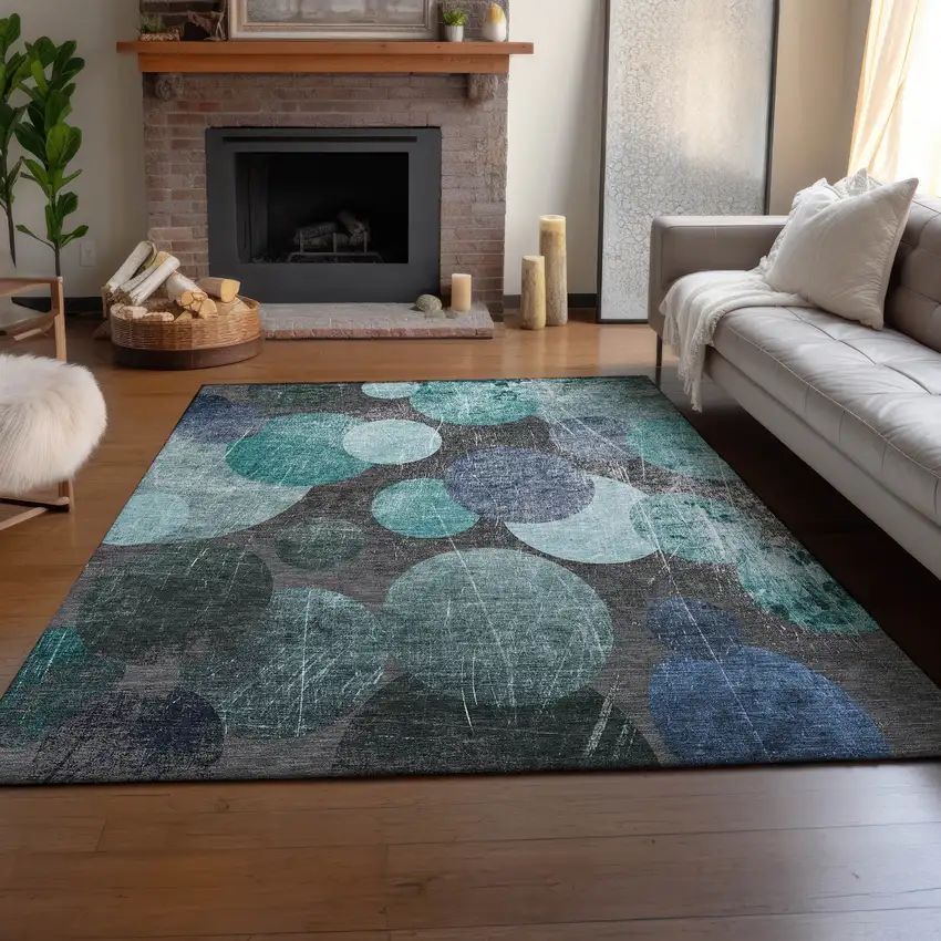 Teal And Gray Abstract Washable Area Rug With UV Protection Photo 6