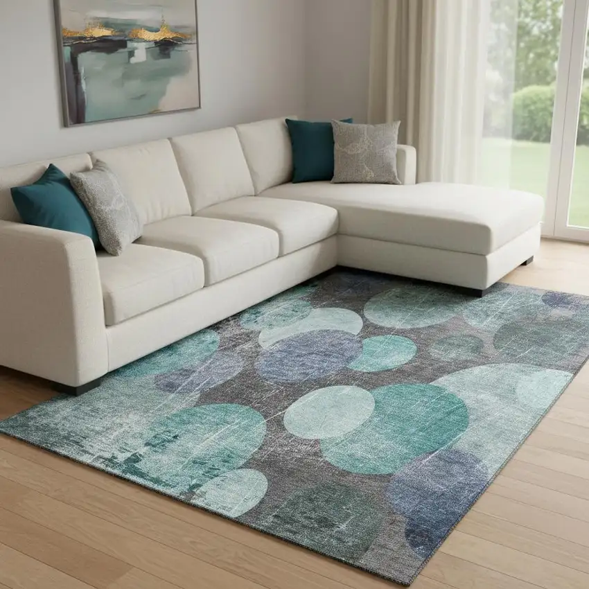 Teal And Gray Abstract Washable Area Rug With UV Protection Photo 1