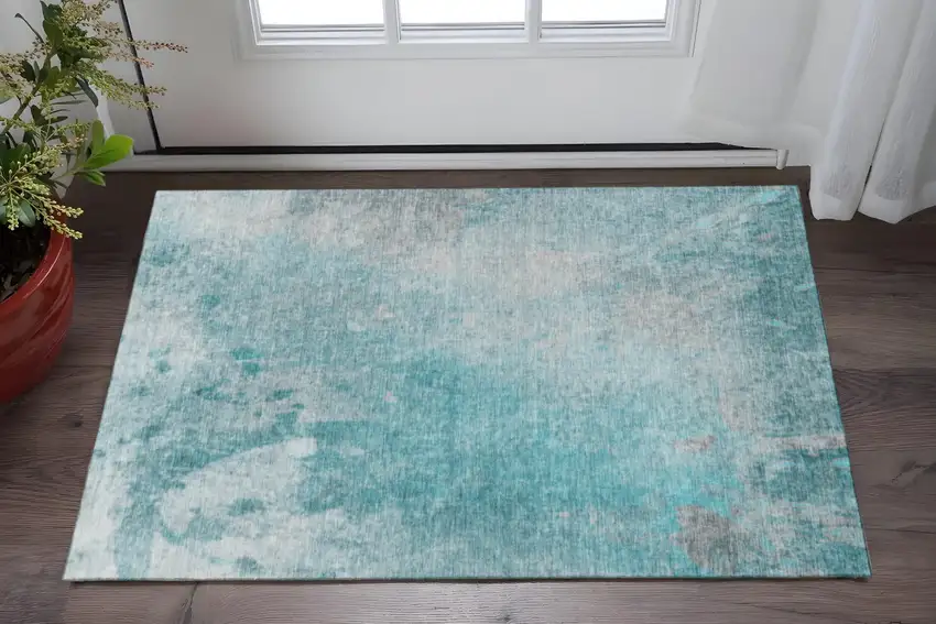 Teal And Gray Abstract Washable Area Rug With UV Protection Photo 2